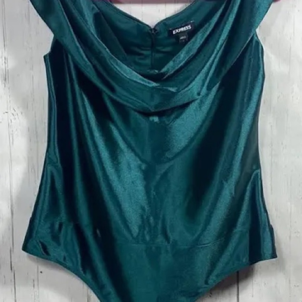 Express Teal Cowneck Satin Bodysuit